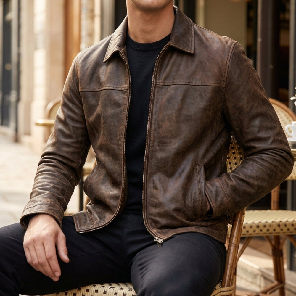 Men's Faux-Leather Zip Jacket, Shirt-Collar Cool-Season Coat