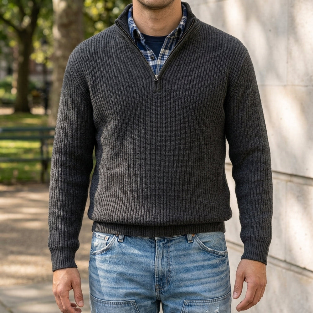 Men's Ridged-Knit Quarter-Zip Pullover, Exposed-Zip Stand-Collar Sweater