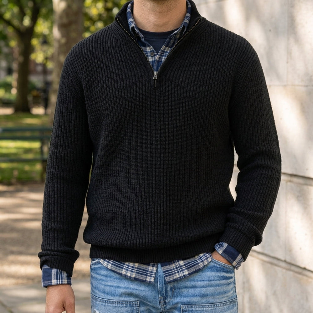 Men's Ridged-Knit Quarter-Zip Pullover, Exposed-Zip Stand-Collar Sweater
