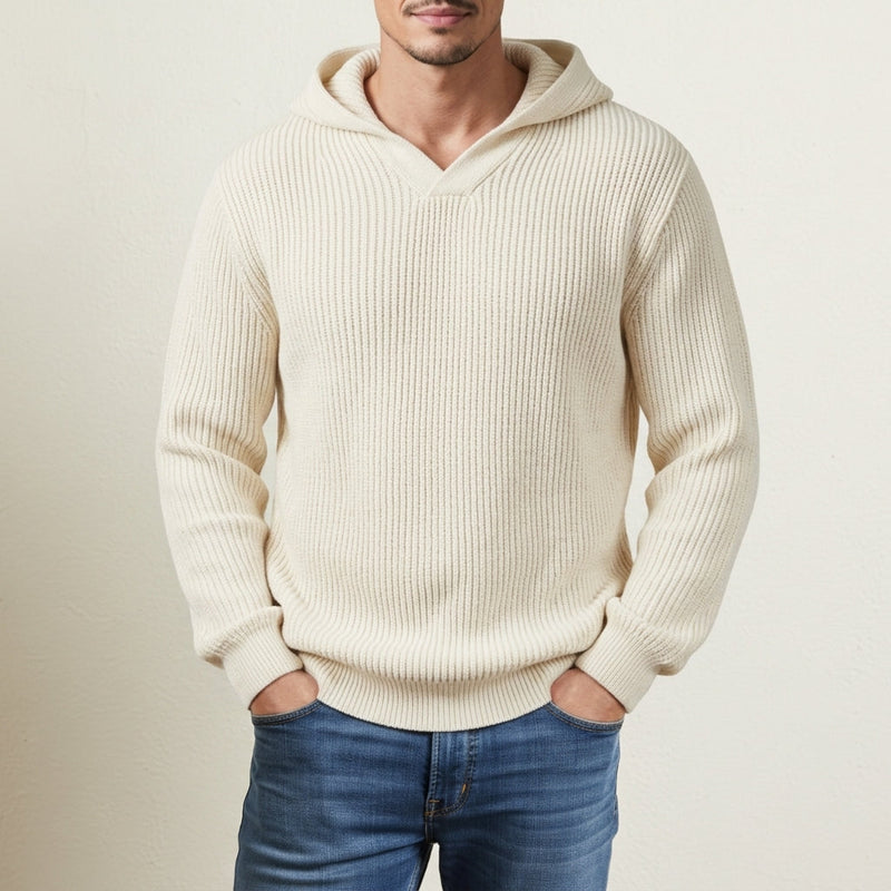 Men's Ribbed Drawstring Hooded Top, Layering Knit-Blend Zip Sweatshirt