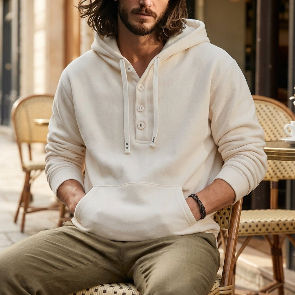 Men's Brushed Fleece Button-Neck Hoodie, Pouch-Pocket Pullover