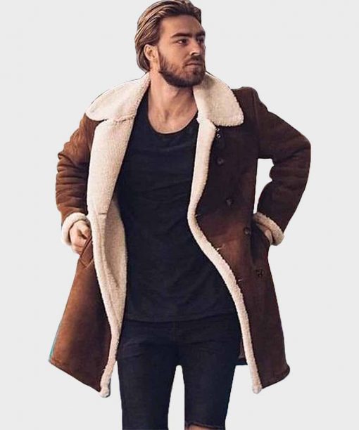 Men's Faux-Fur Double-Breasted Wrap Coat, Mid-Weight Woven Longline Jacket