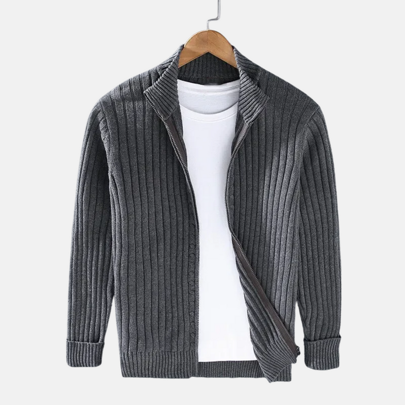 Men's Ribbed-Knit Zip-Through Cardigan, Stand-Collar Layering Sweater