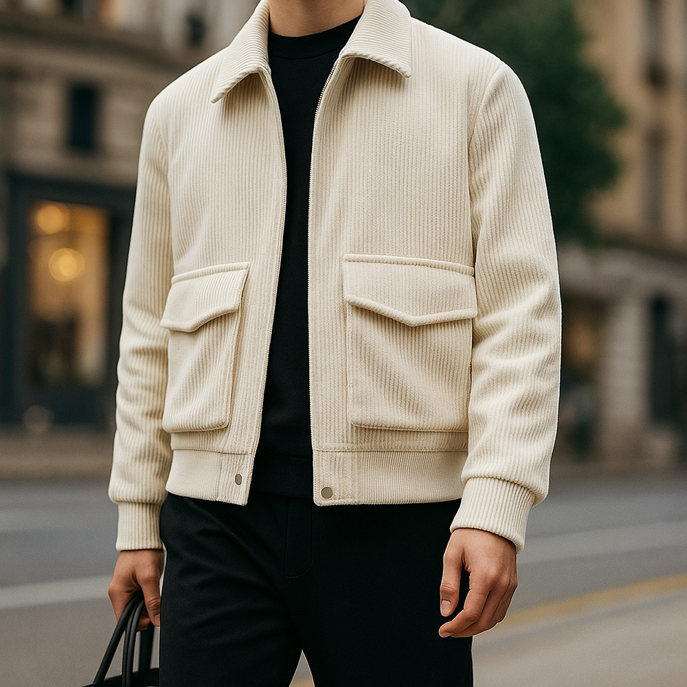 Men's Corduroy Zip Bomber Jacket, Cropped Flap-Pocket Coat