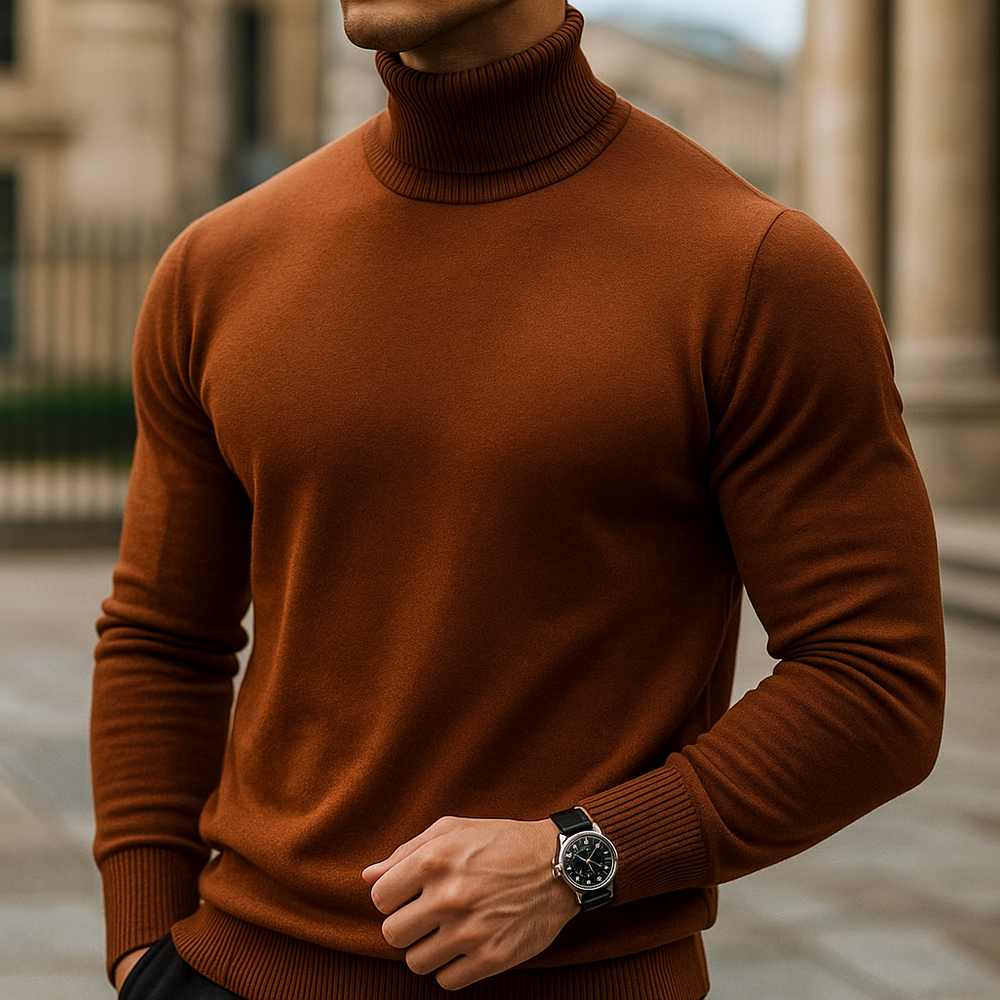 Men's Fine-Knit Roll-Neck Pullover, Slim Layering Sweater