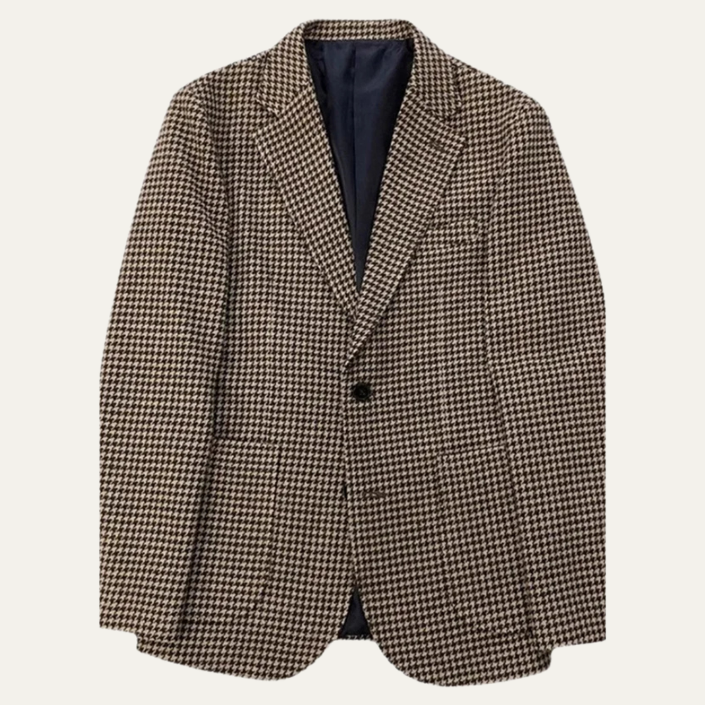 Men's Houndstooth Check Blazer, Soft-Shoulder Notch-Lapel Jacket