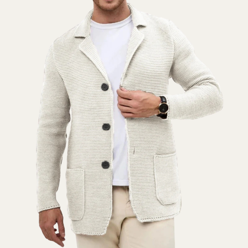 Men's Ridged-Knit Notch-Lapel Blazer, Three-Button Patch-Pocket Jacket