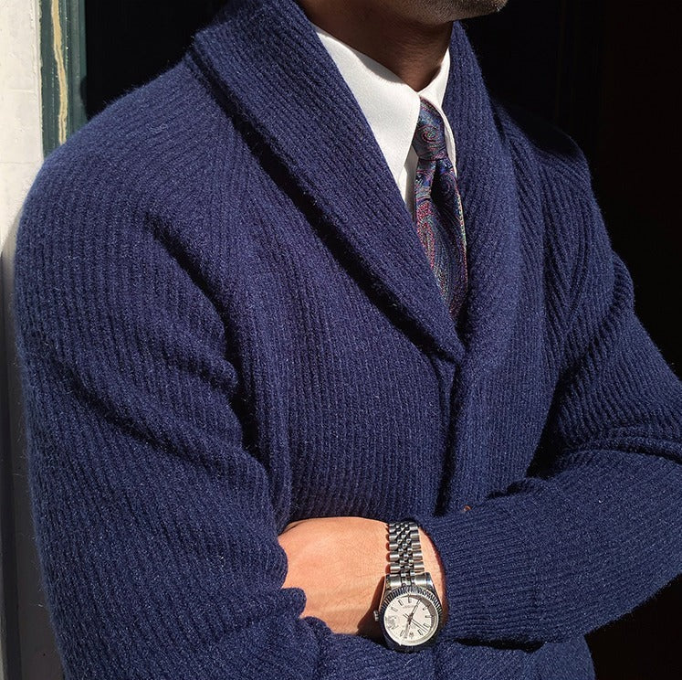 Men's Fine-Rib Shawl-Collar Cardigan, Two Patch Pockets