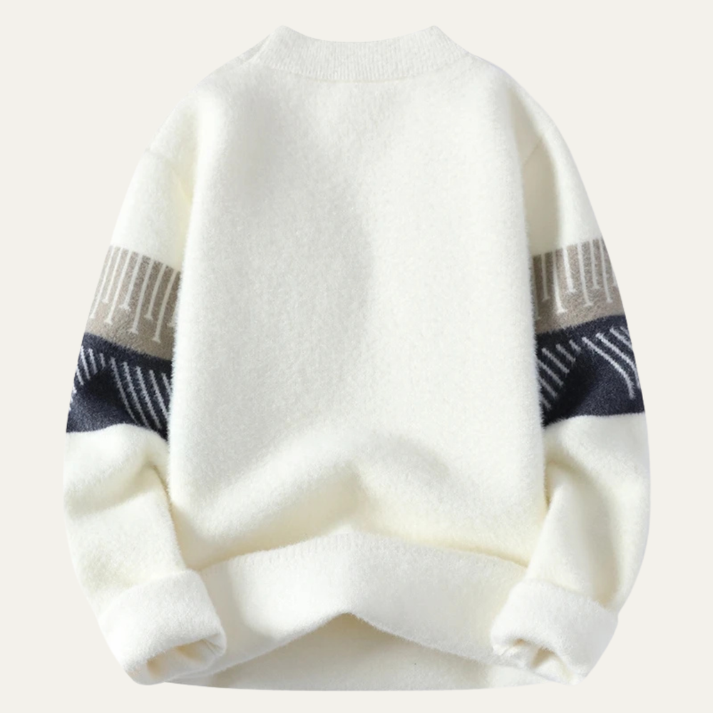 Men's Dark-Band Crewneck Sweater, Pale-Ground Brushed Knit