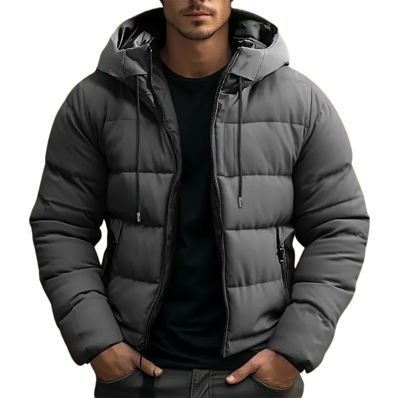 Men's Hip-Length Hooded Puffer Jacket, Drawcord Hood