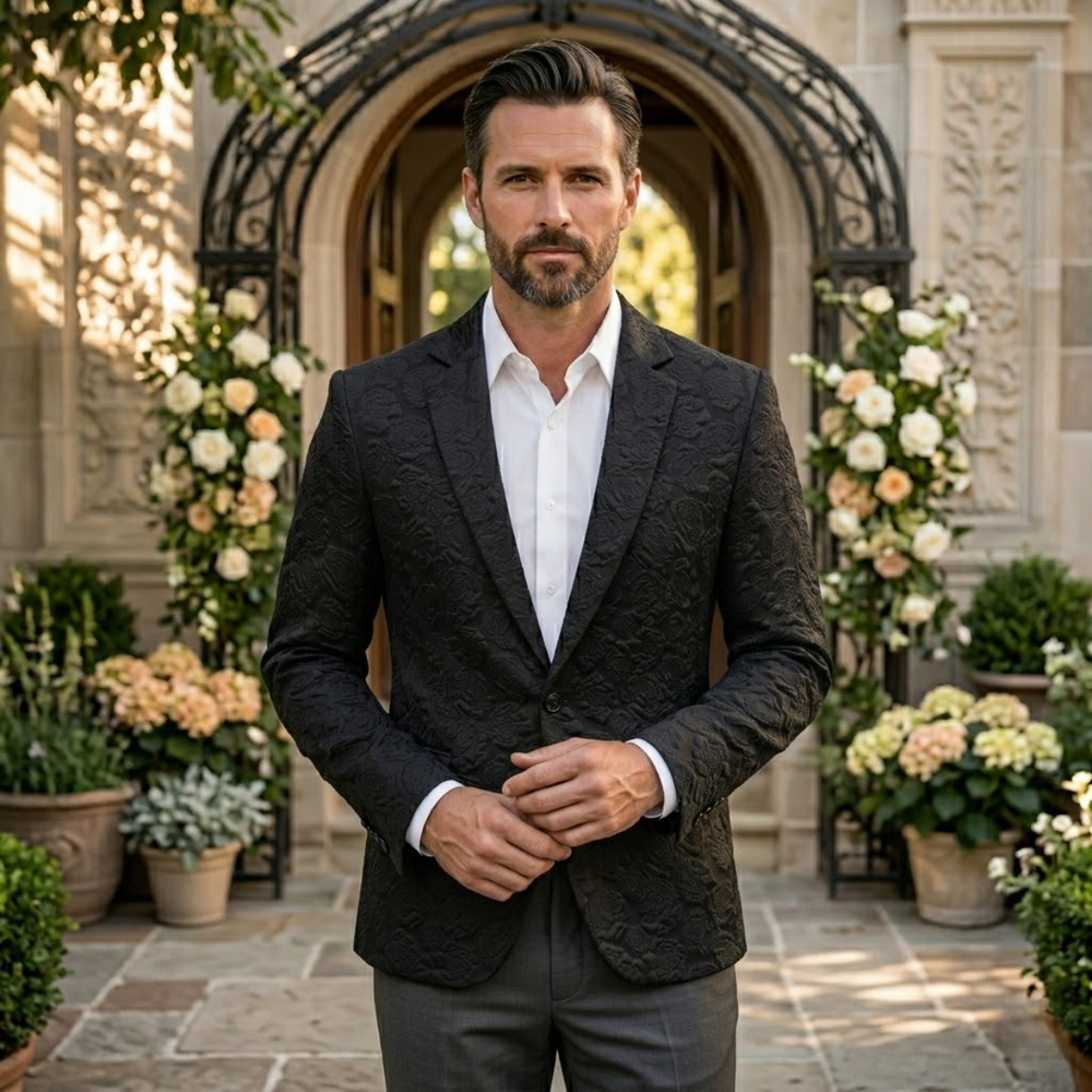 Men's Raised-Floral Dinner Blazer, One-Button Notch-Lapel Jacket