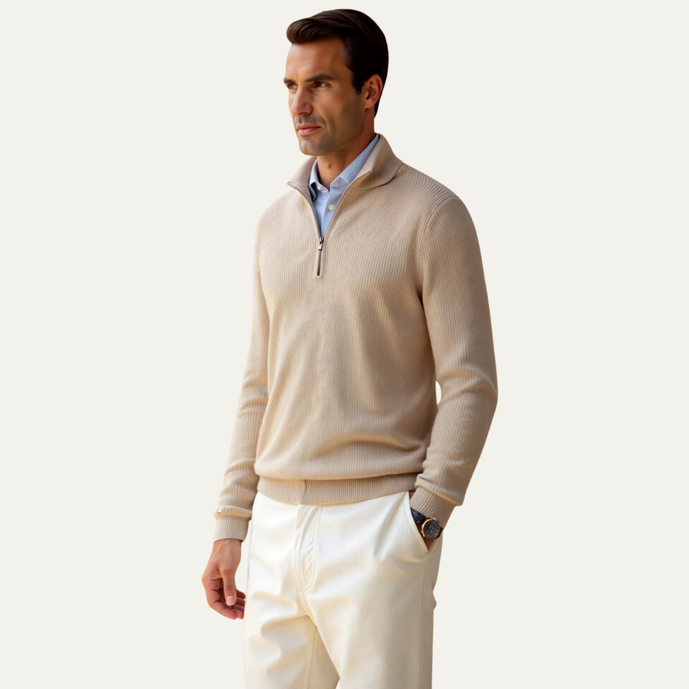 Men's Fine-Rib Quarter-Zip Sweater, Fold-Over Collar Knit