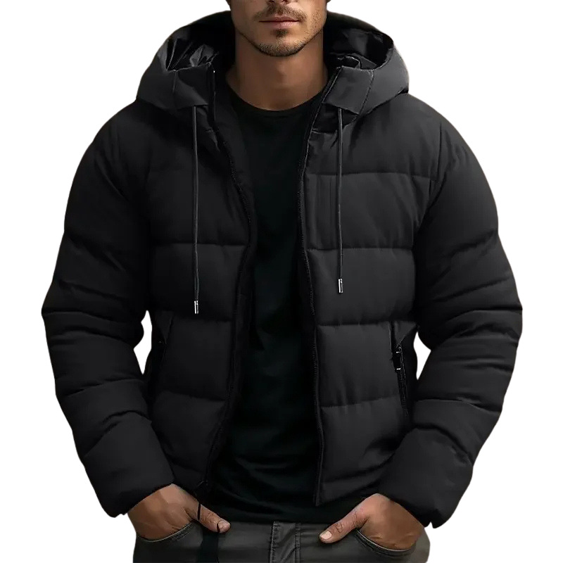 Men's Hip-Length Hooded Puffer Jacket, Drawcord Hood