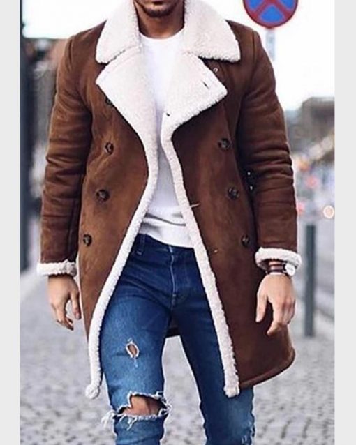 Men's Faux-Suede Double-Breasted Longline Coat, Faux-Shearling Lined