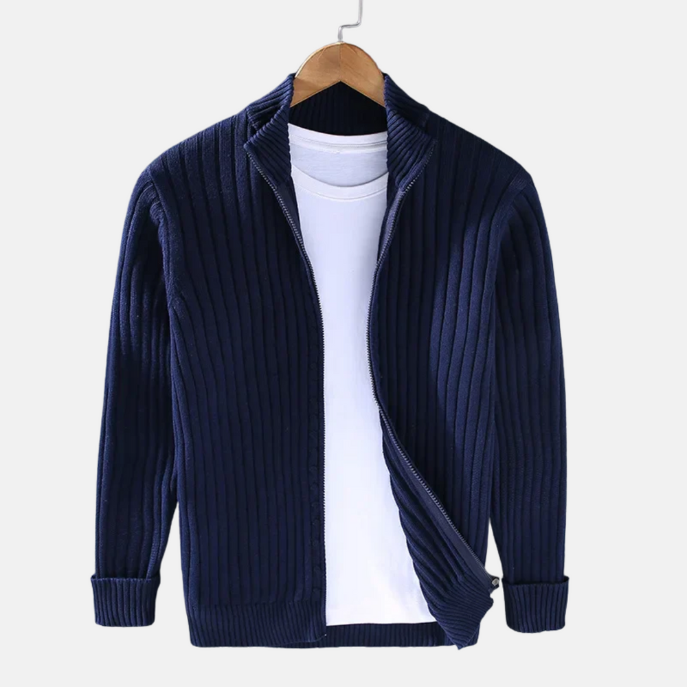 Men's Ribbed-Knit Zip-Through Cardigan, Stand-Collar Layering Sweater