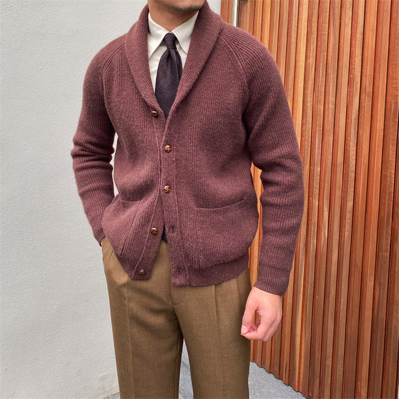 Men's Fine-Rib Shawl-Collar Cardigan, Two Patch Pockets