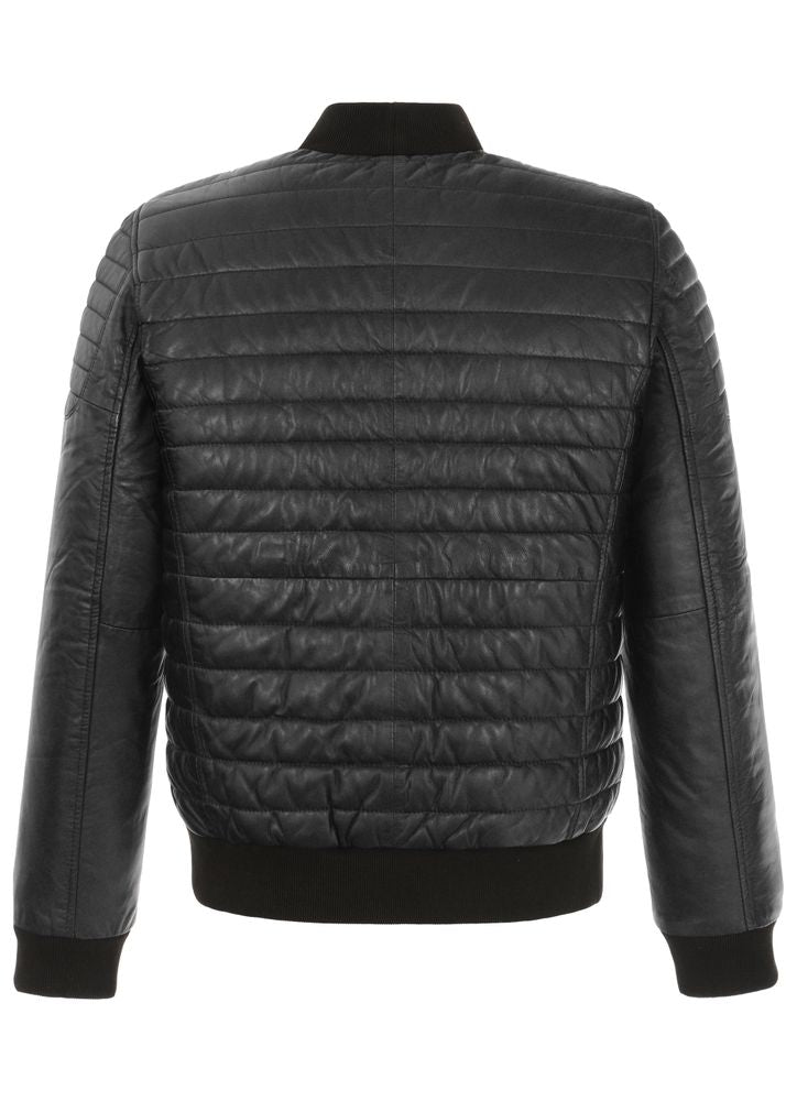 Men's Quilted Faux-Leather Bomber Jacket, Knit-Trim Zip Coat