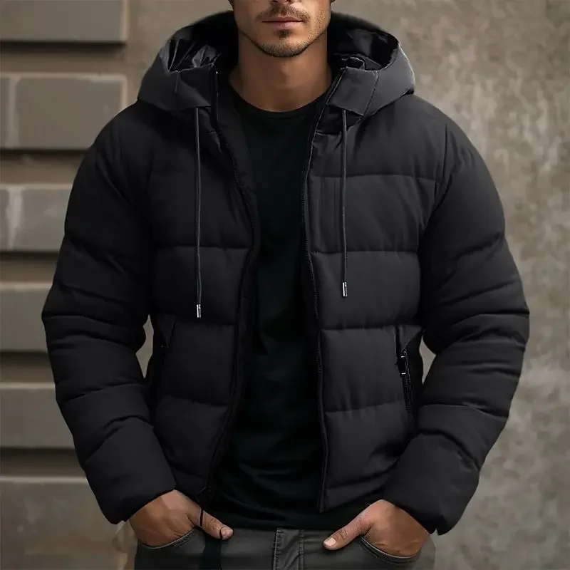 Men's Hip-Length Hooded Puffer Jacket, Drawcord Hood