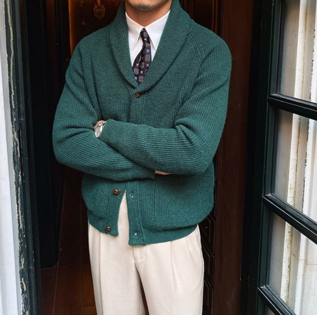 Men's Fine-Rib Shawl-Collar Cardigan, Two Patch Pockets