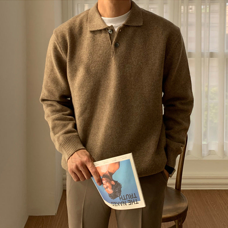 Men's Brushed-Knit Polo Sweater, Wide-Collar Relaxed Pullover
