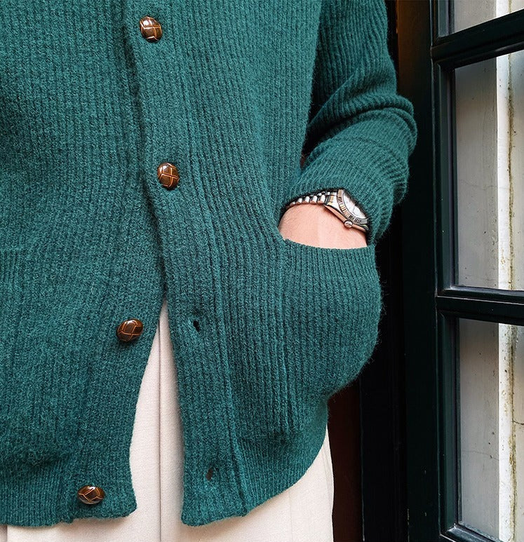 Men's Fine-Rib Shawl-Collar Cardigan, Two Patch Pockets