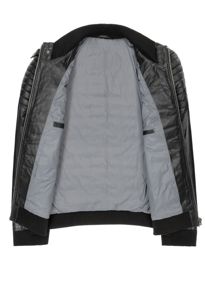 Men's Quilted Faux-Leather Bomber Jacket, Knit-Trim Zip Coat