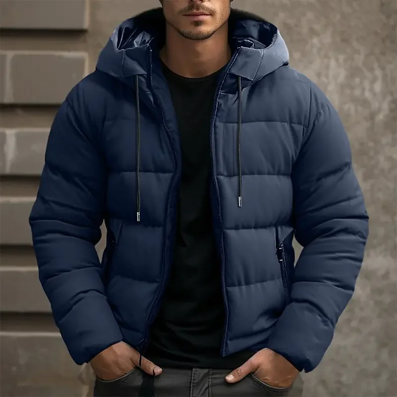 Men's Hip-Length Hooded Puffer Jacket, Drawcord Hood