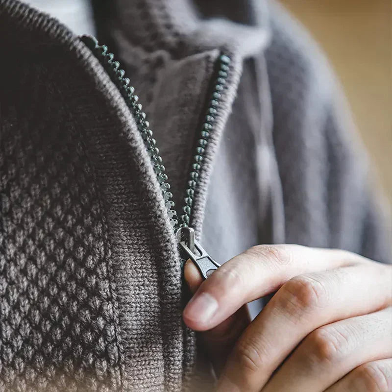 Men's Waffle-Knit Half-Zip Hoodie, Drawstring Pouch-Pocket Sweater
