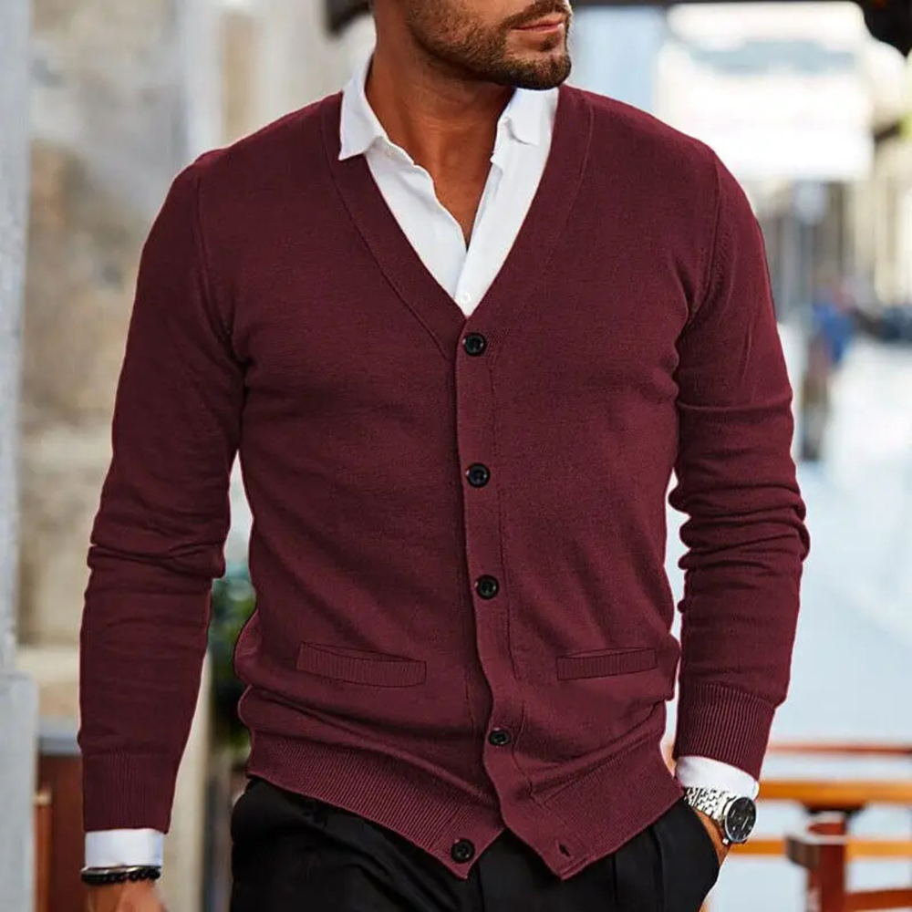 Men's Fine-Knit V-Neck Cardigan, Six-Button Slit-Pocket Sweater