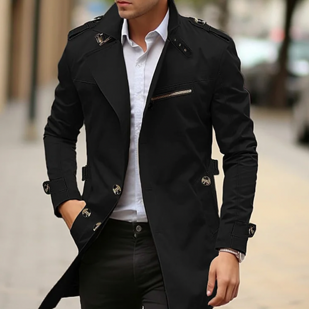 Men's Woven Longline Trench Coat, Epaulette Zip-Pocket Overcoat
