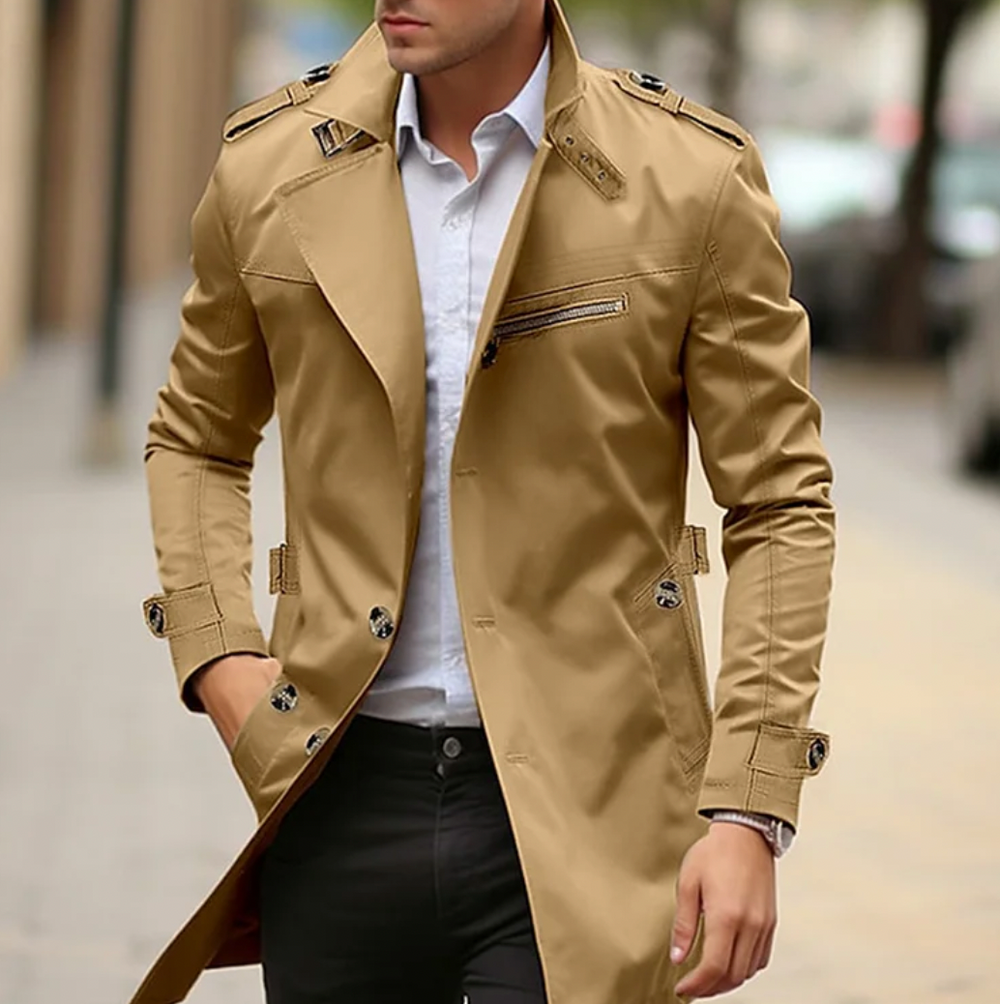 Men's Woven Longline Trench Coat, Epaulette Zip-Pocket Overcoat