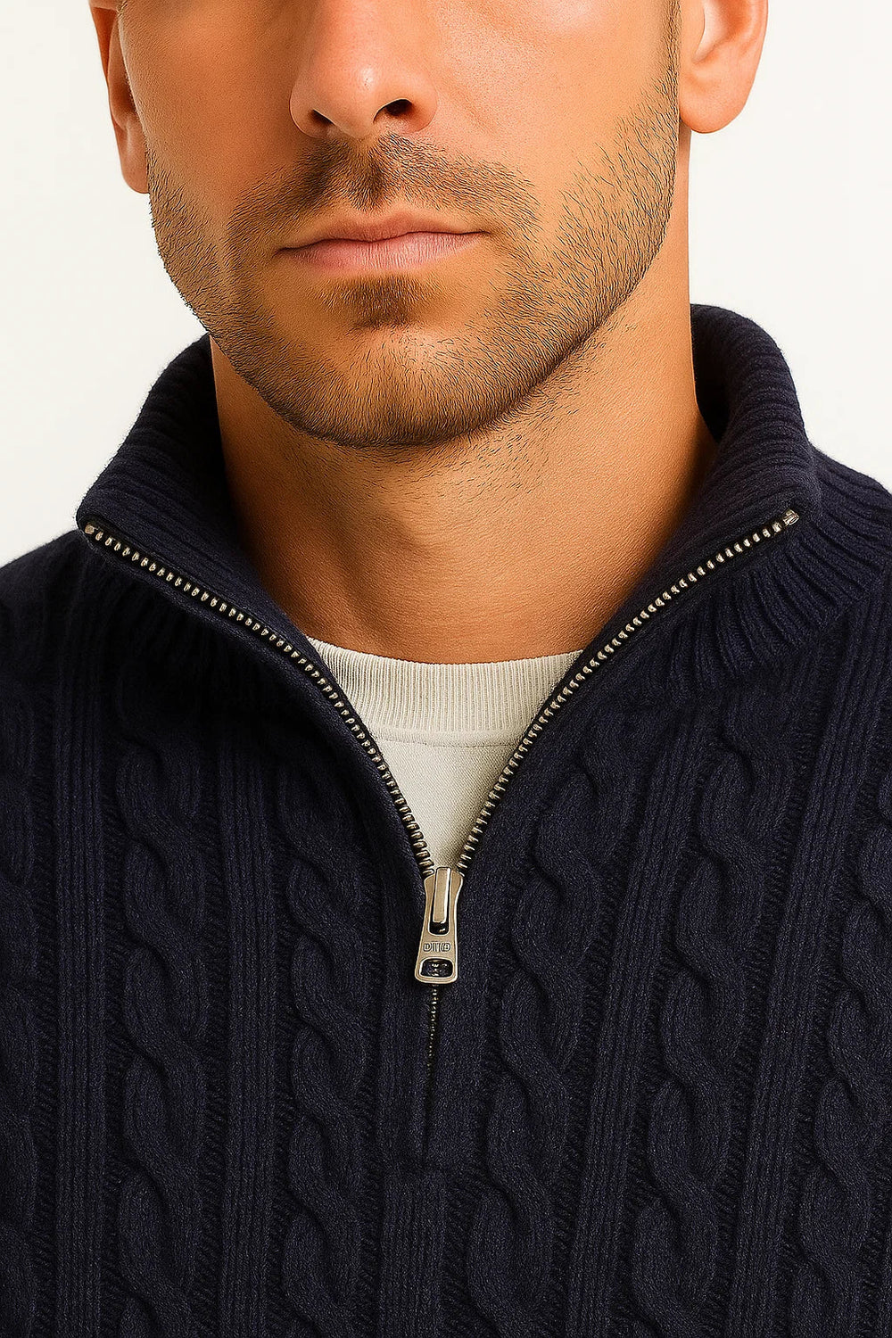 Men's Cable-Knit Zip-Neck Sweater, Chunky Stand-Collar Pullover