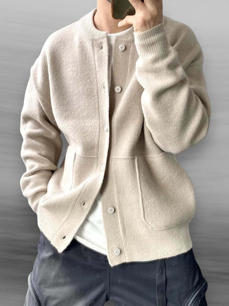 Men's Brushed Crewneck Button Cardigan, Collarless with Patch Pockets