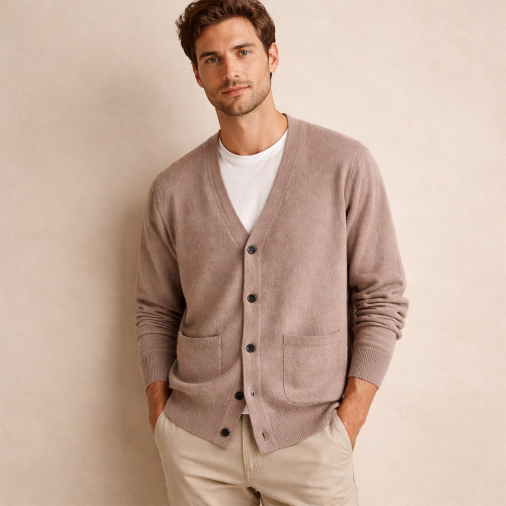 Men's Ribbed V-Neck Cardigan Top, All-Season Front-Button Sweater