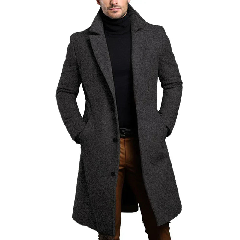 Men's Dense Woven Overcoat, Notch-Lapel Single-Breasted Longline Coat