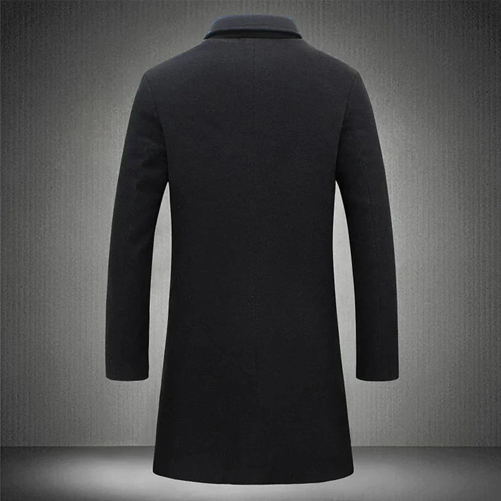Men's Dense Woven Overcoat, Notch-Lapel Single-Breasted Longline Coat