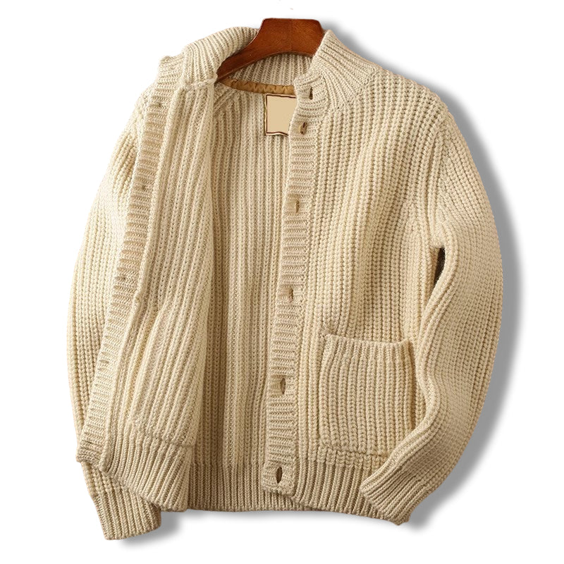 Men's Heavy Rib Cardigan, Stand Shawl Collar and Deep Patch Pockets