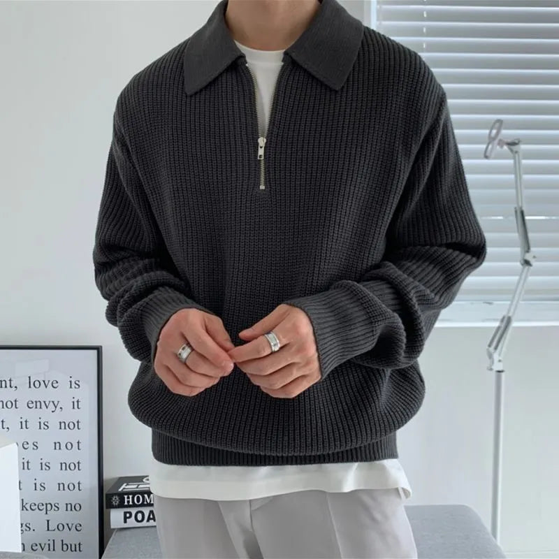 Men's Waffle-Knit Zip-Neck Sweater, Oversized Collared Pullover