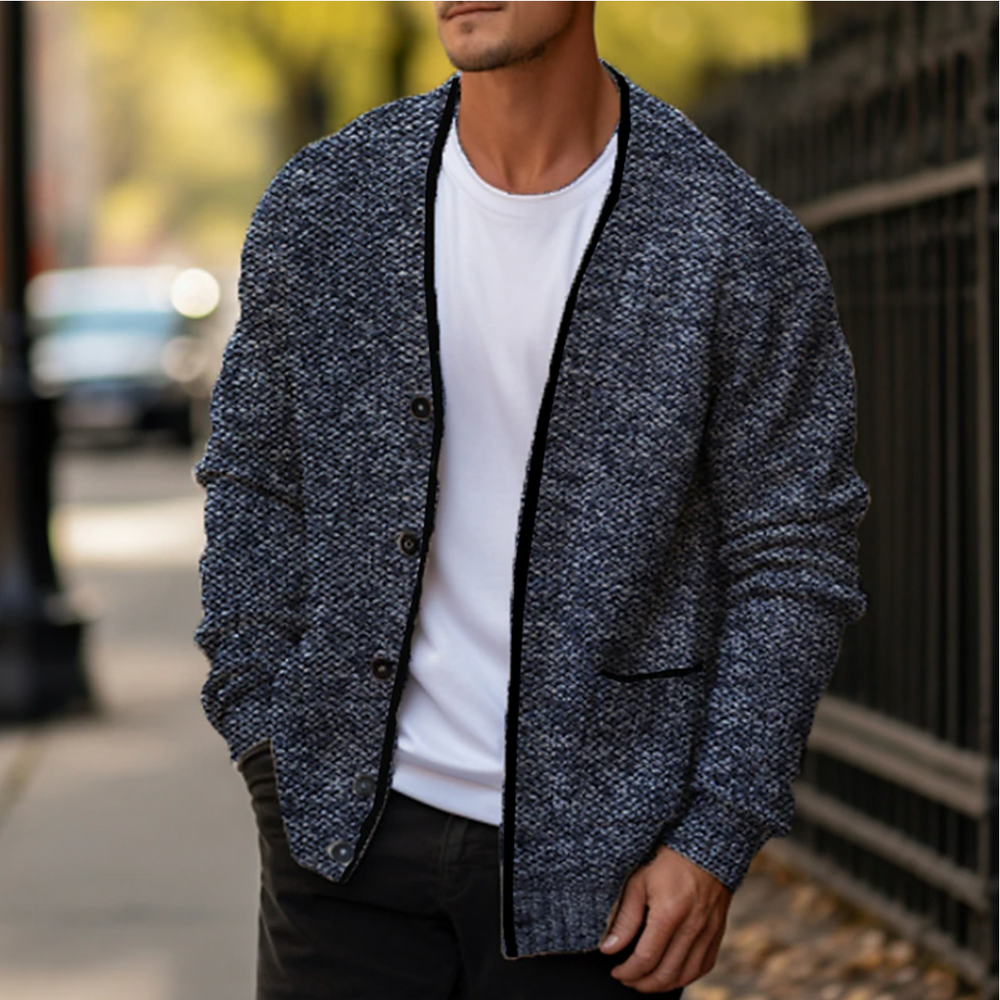 Men's Contrast-Trim V-Neck Cardigan, Two-Pocket Textured Knit