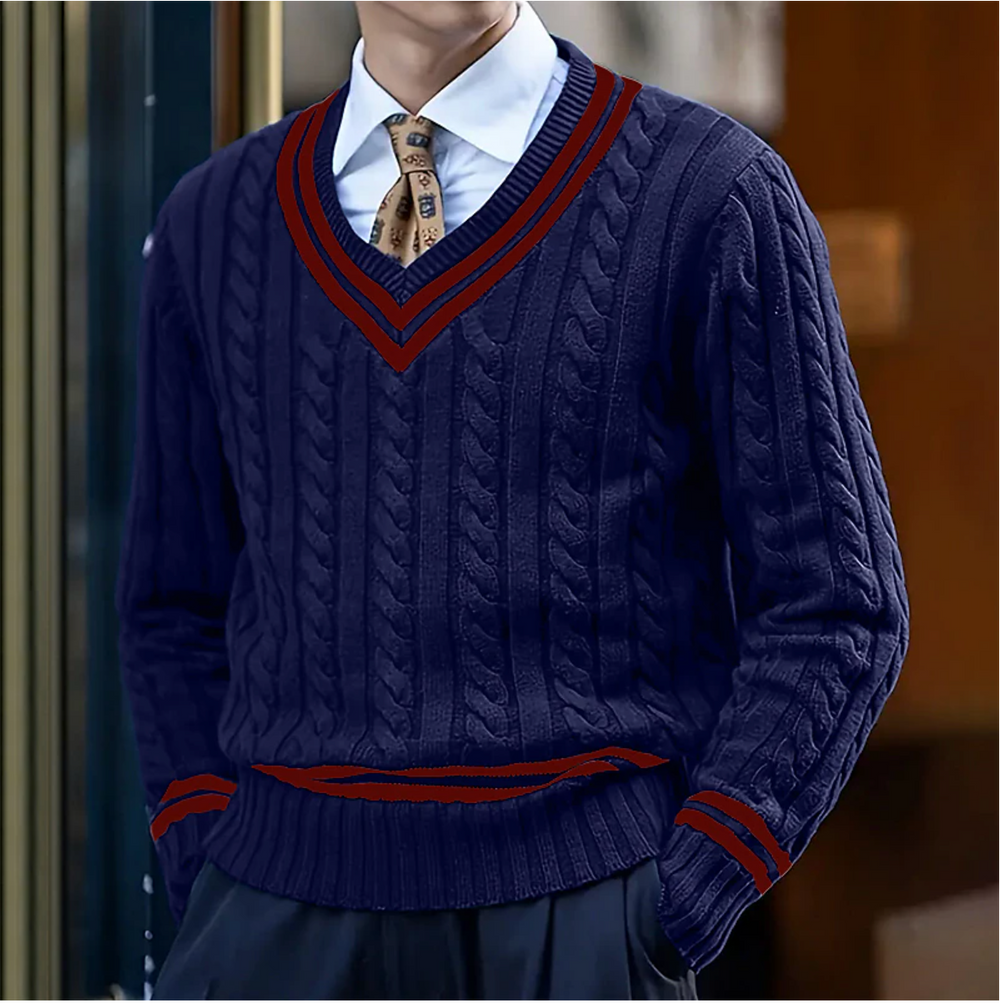 Men's Cable-Knit V-Neck Sweater, Contrast-Stripe Cricket Pullover