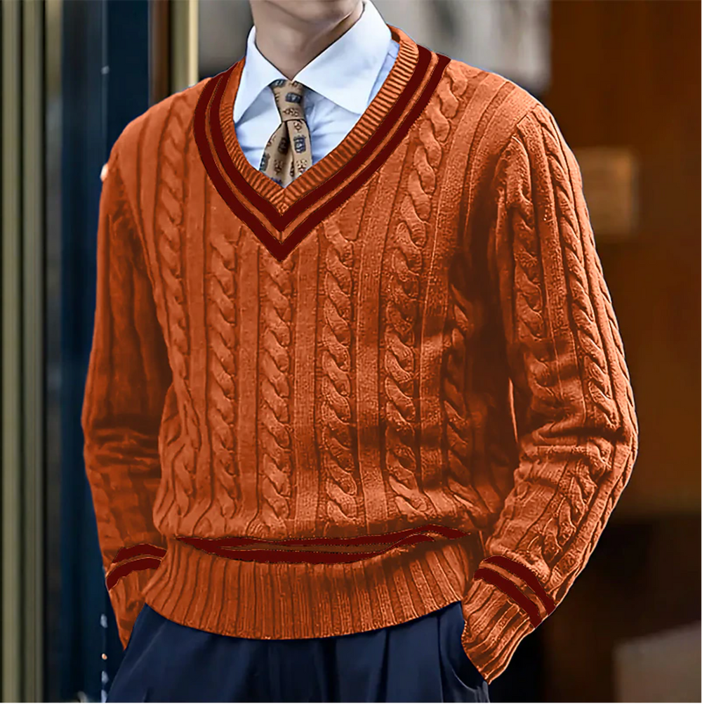 Men's Cable-Knit V-Neck Sweater, Contrast-Stripe Cricket Pullover