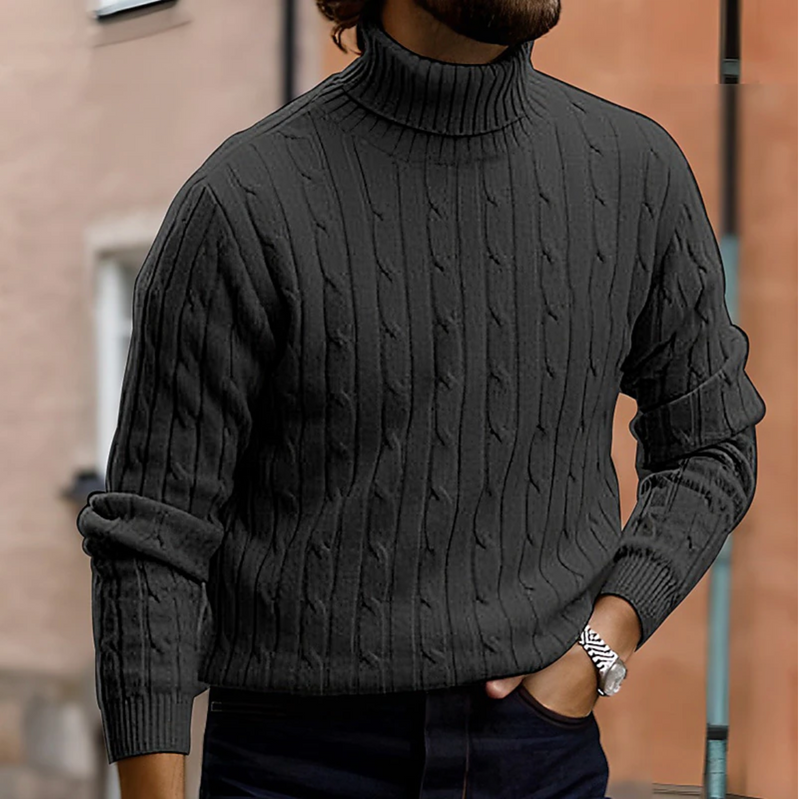 Men's Cable-Knit Turtleneck Sweater, Fold-Over Collar Pullover