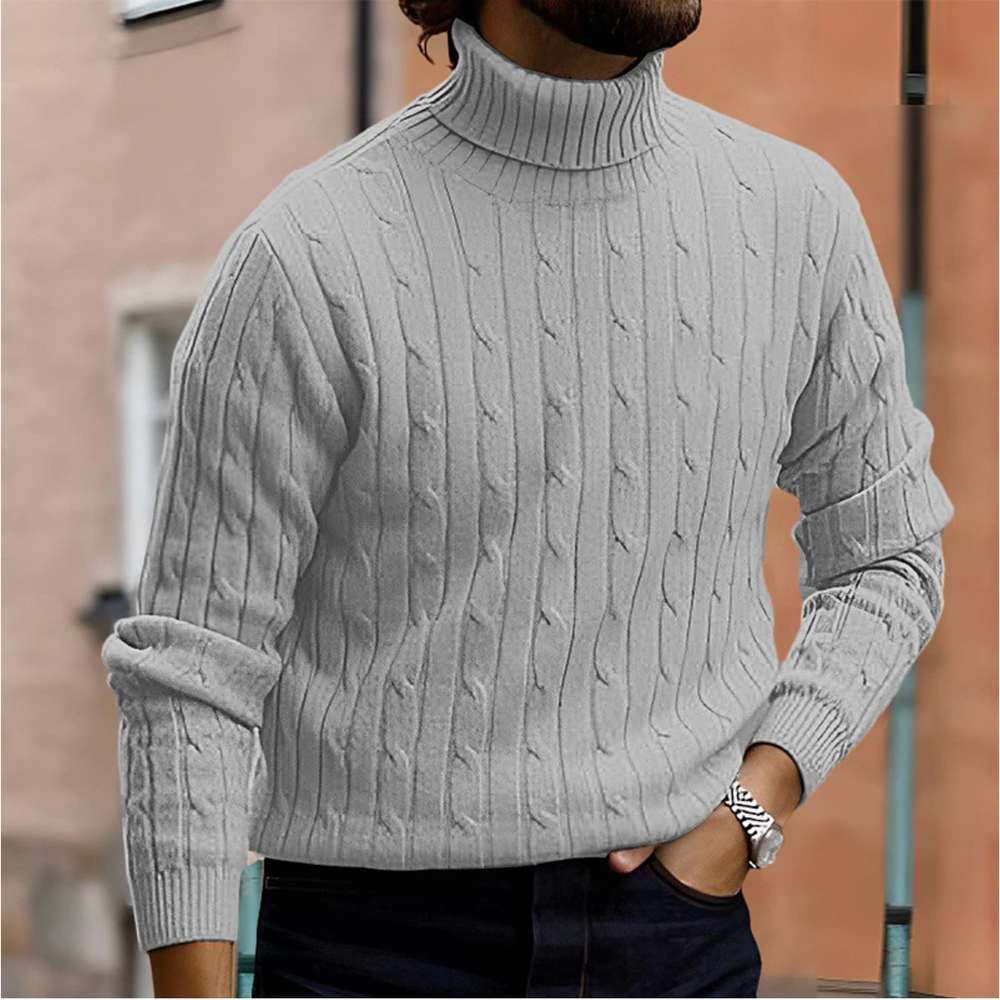 Men's Cable-Knit Turtleneck Sweater, Fold-Over Collar Pullover