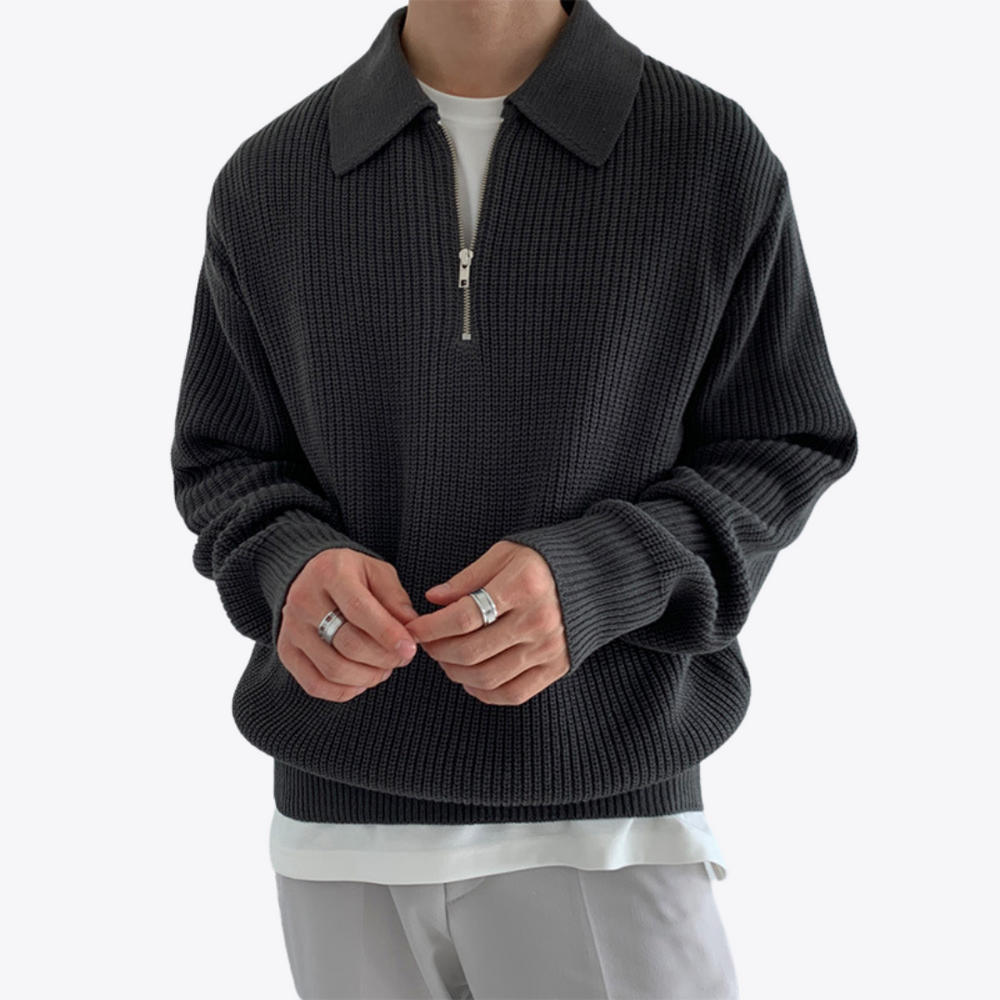 Men's Chunky Waffle-Knit Quarter-Zip, Oversized Fold-Down Collar Pullover