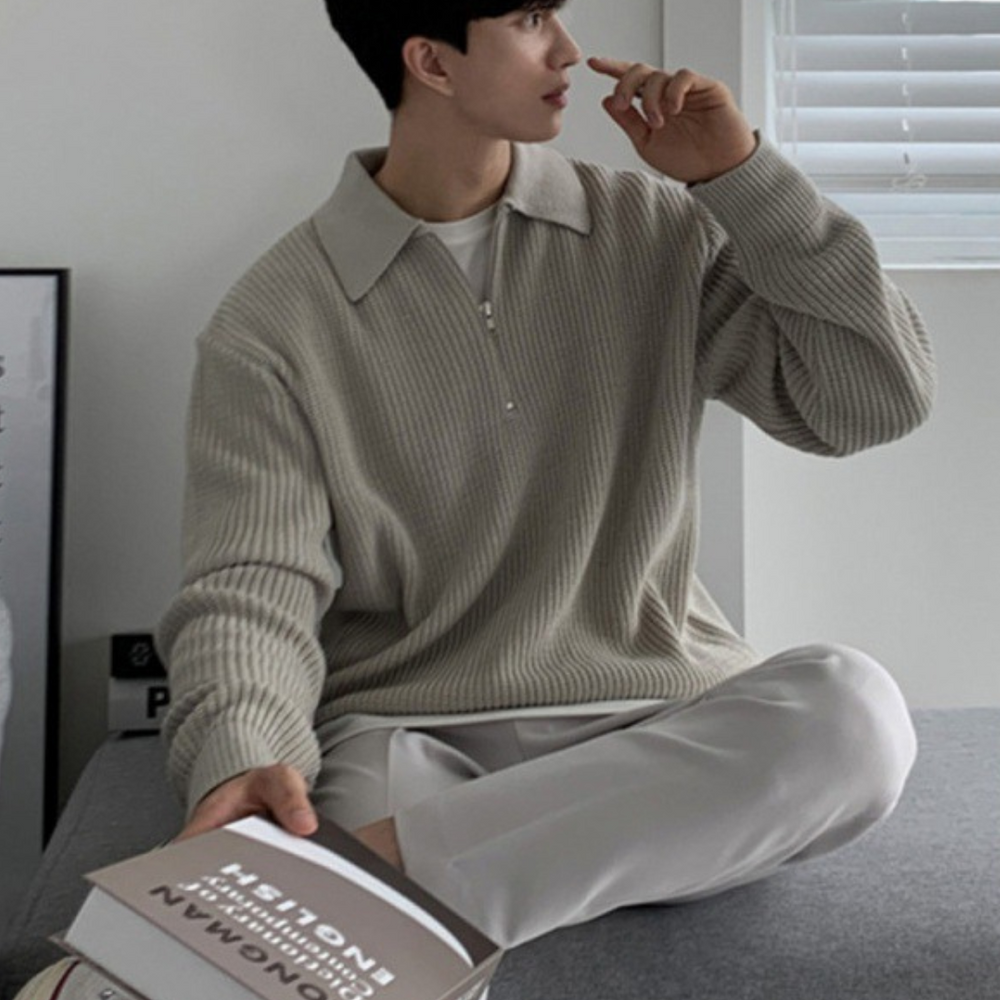 Men's Chunky Waffle-Knit Quarter-Zip, Oversized Fold-Down Collar Pullover