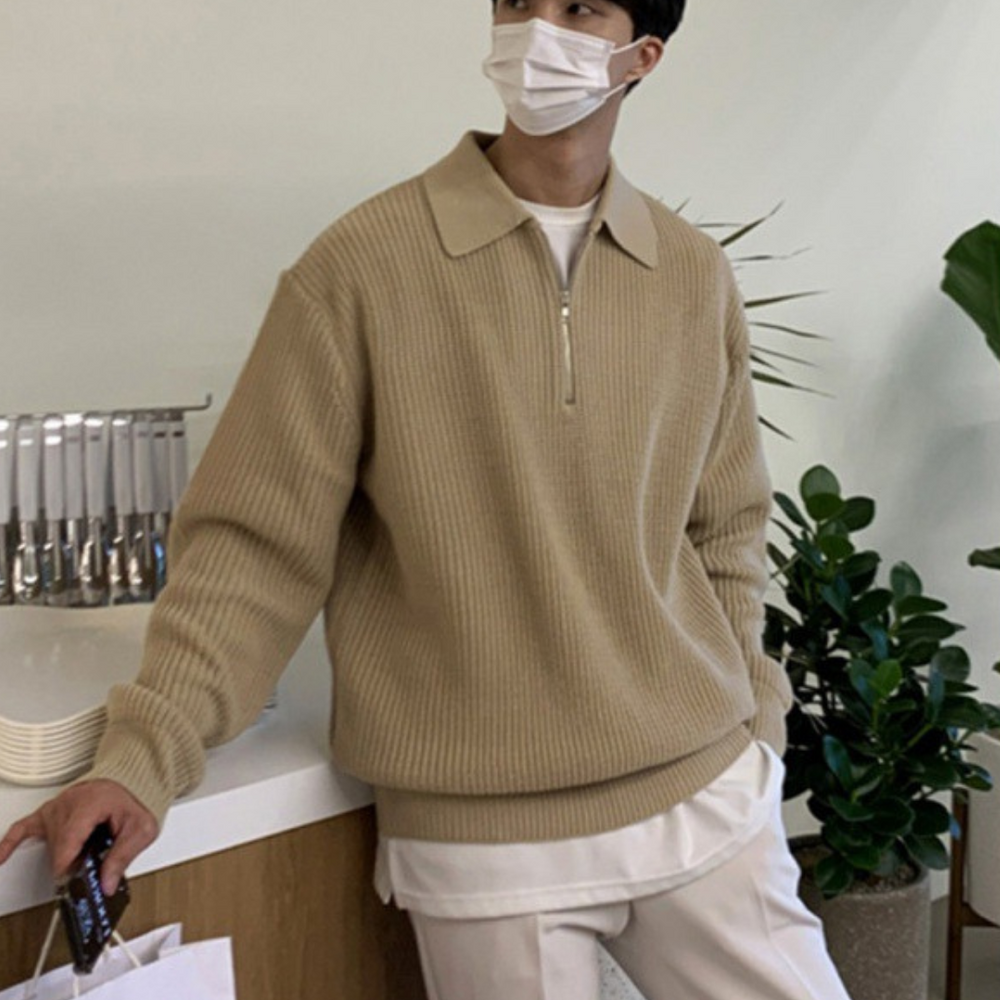 Men's Chunky Waffle-Knit Quarter-Zip, Oversized Fold-Down Collar Pullover