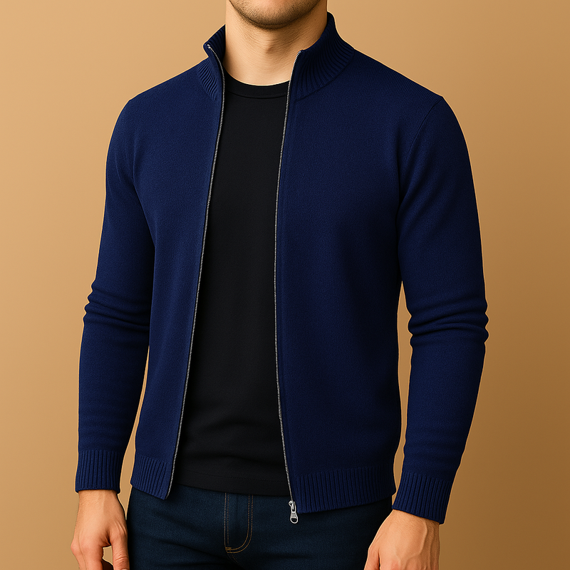 Men's Flat-Knit Zip-Through Cardigan, Stand Collar and Slim Body
