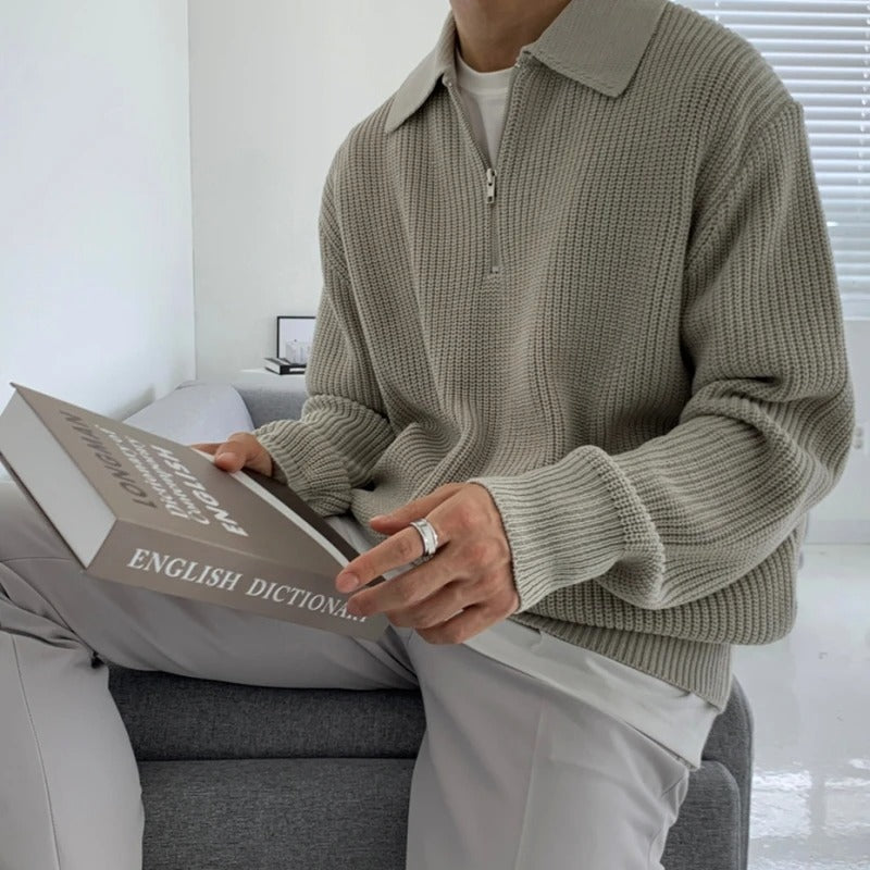 Men's Waffle-Knit Zip-Neck Sweater, Oversized Collared Pullover
