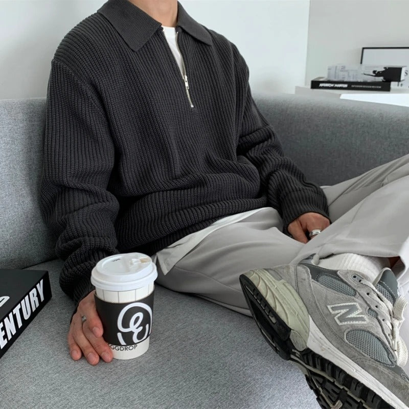 Men's Waffle-Knit Zip-Neck Sweater, Oversized Collared Pullover