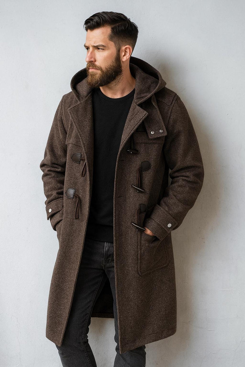 Men's Woven Button-Front Winter Coat, Seasonal Hooded Longline Jacket